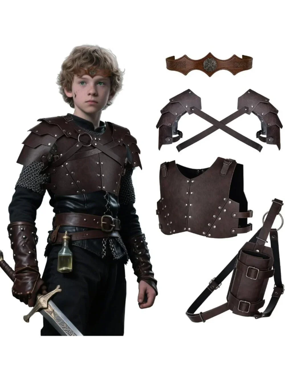 Medieval Faux Leather Armor Set for Kids - 4 Piece Costume with Vest, Sword Frog